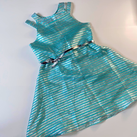 Girls Mint Green Silver Stripe Dress